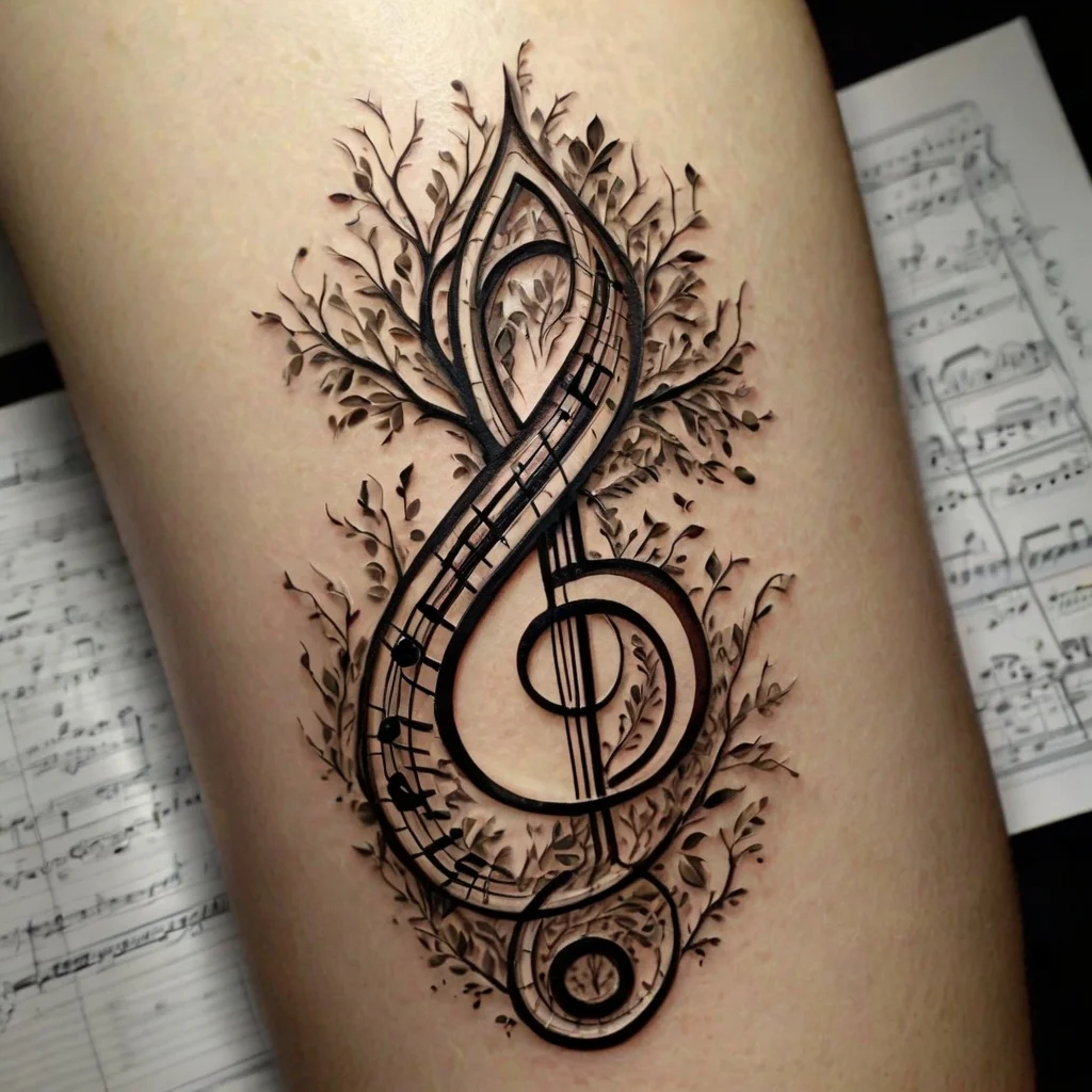 A 3D treble clef tattoo with musical notes transforms into branches with leaves, creating a harmonious blend of music and nature.