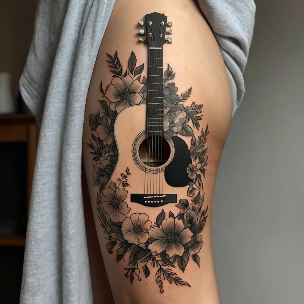 Realistic guitar tattoo on thigh, adorned with intricate black and gray flowers and leaves, adding an artistic flair.