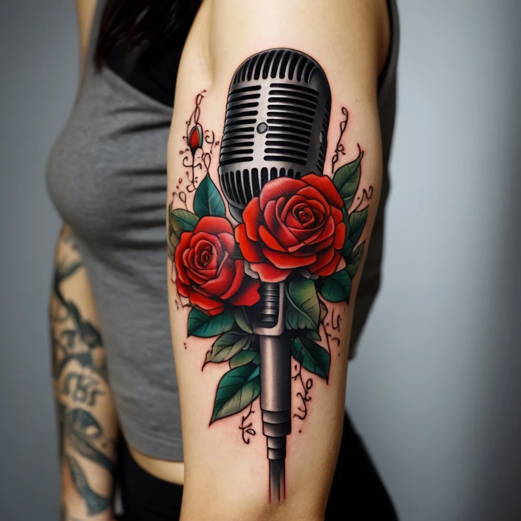 Tattoo of vintage microphone intertwined with vibrant red roses and green leaves, emphasizing music and beauty.