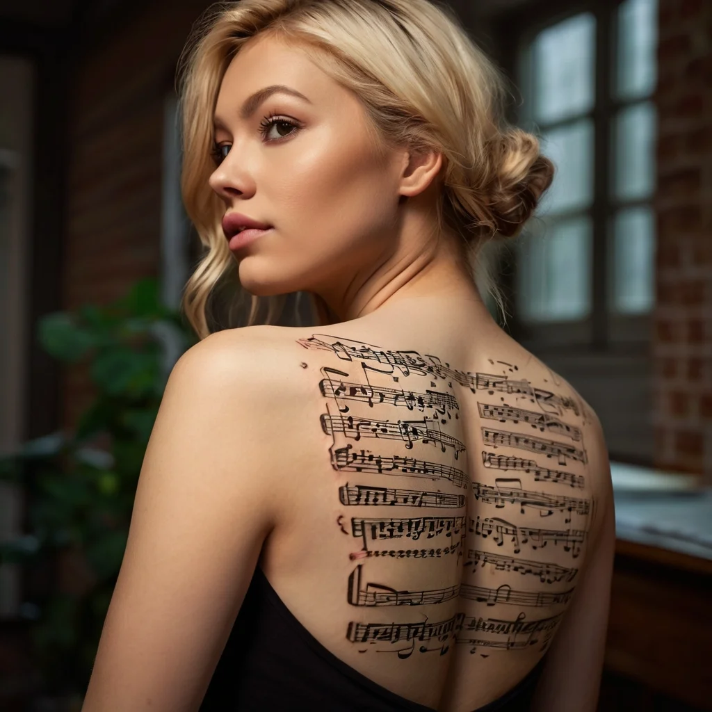 A detailed tattoo of sheet music covers the woman's upper back, showcasing intricate musical notes and staffs.