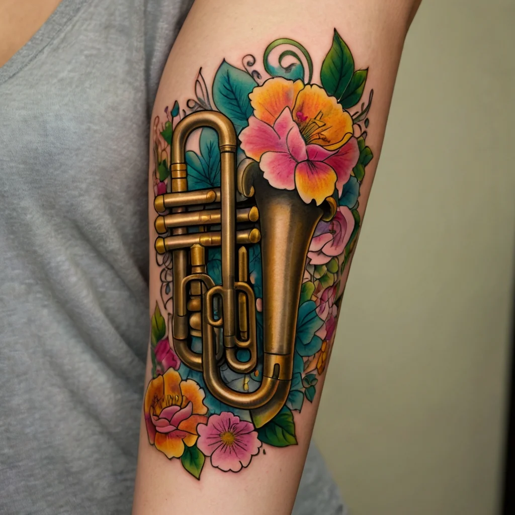 Tattoo of a brass trumpet surrounded by vibrant flowers and leaves, creating a vivid and harmonious musical theme.