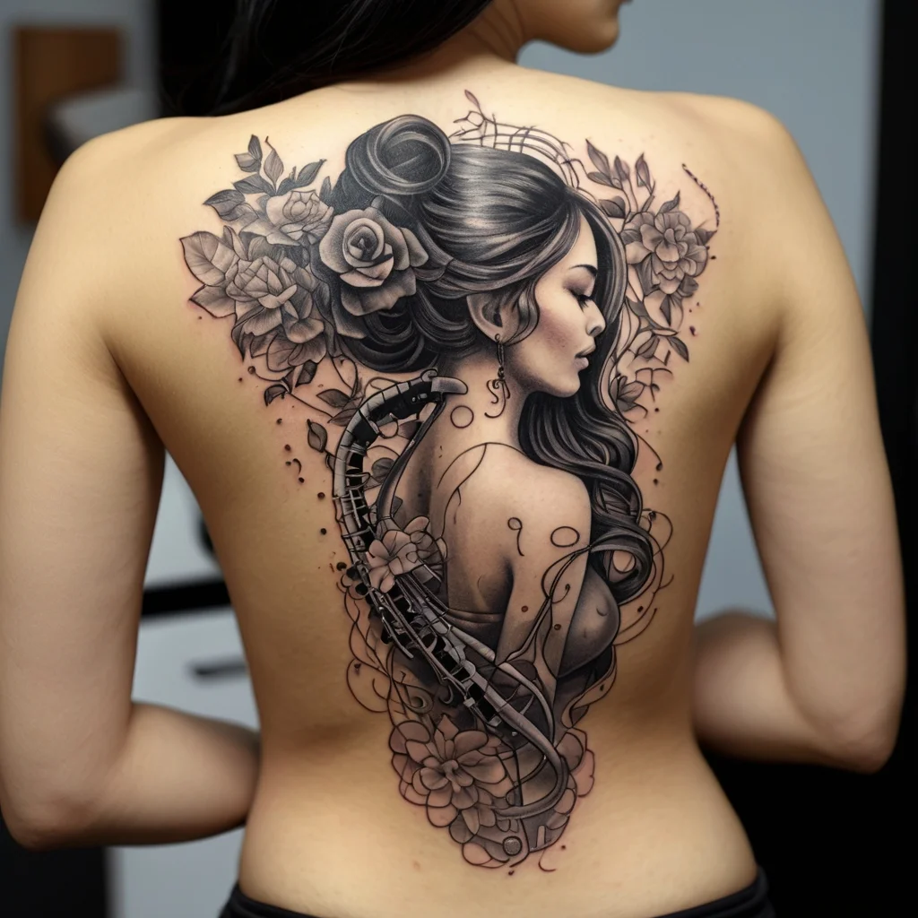 Tattoo of a woman with flowing hair, adorned with roses and music notes, blending elegance with musical artistry.