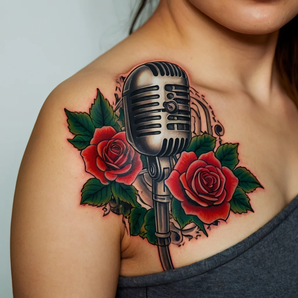 Vintage microphone tattoo with vibrant red roses and green leaves on the shoulder, symbolizing music and beauty.