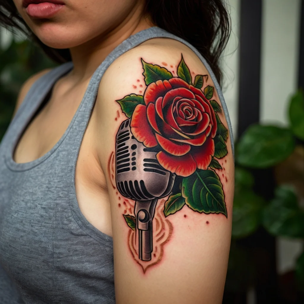 Tattoo of a vintage microphone entwined with a detailed red rose, symbolizing the harmony of music and nature.