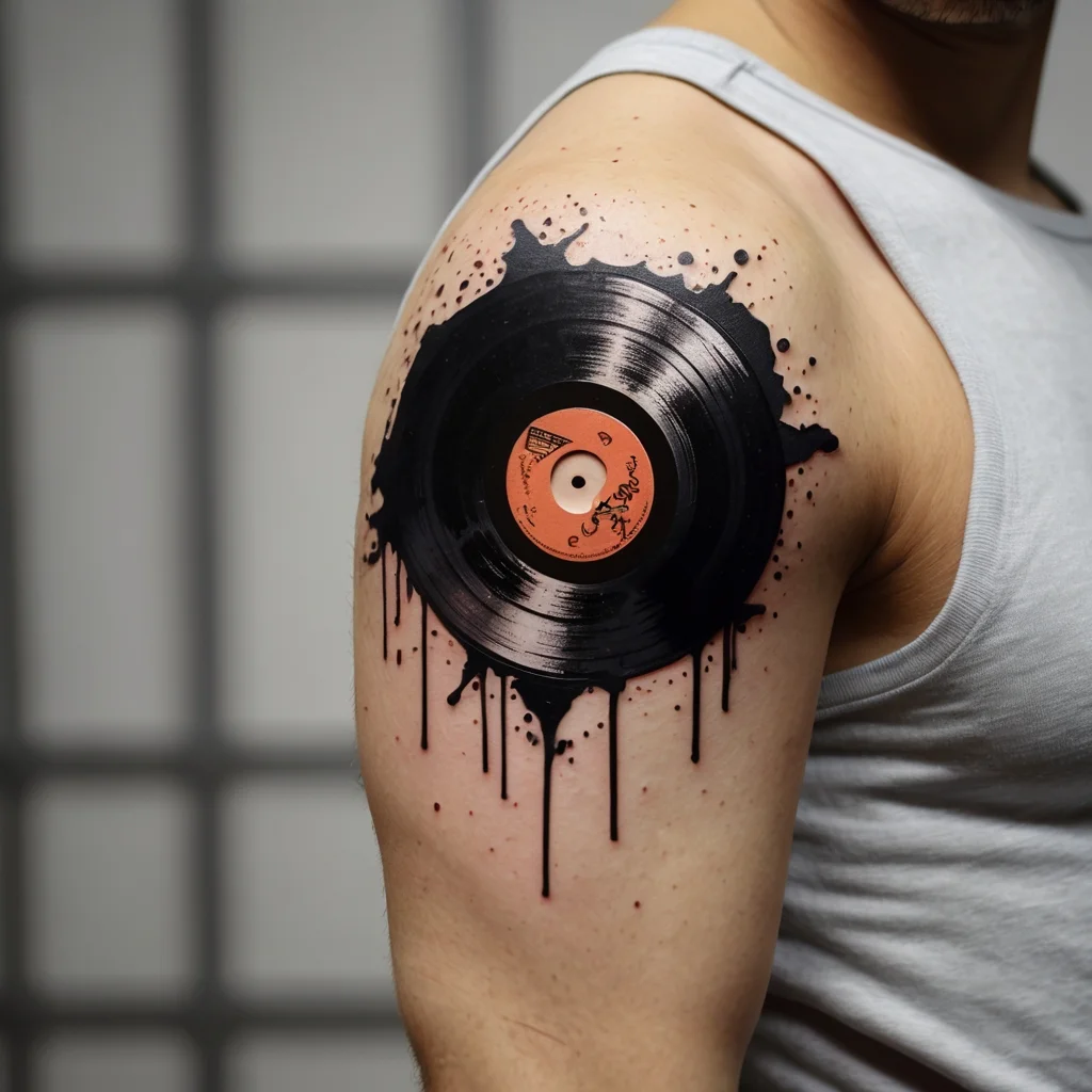 Tattoo of a vinyl record on the upper arm, with paint splatters and drips for a dynamic, artistic effect.