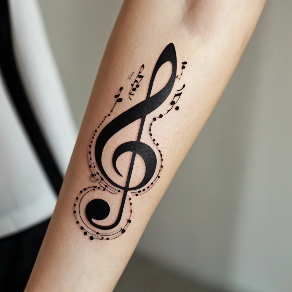 Stylized treble clef tattoo with intricate details and flowing music notes, symbolizing harmony and passion for music.