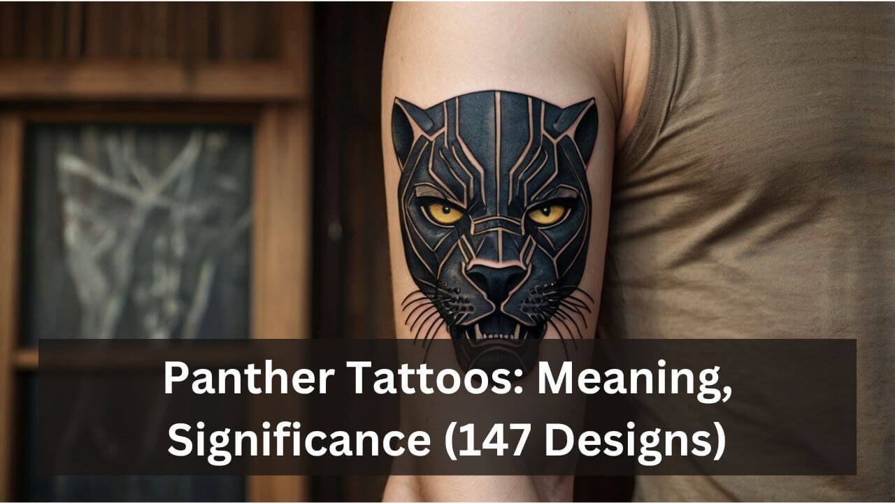 Tattoo of a geometric panther head with bold lines and vivid yellow eyes, symbolizing strength and mystery.