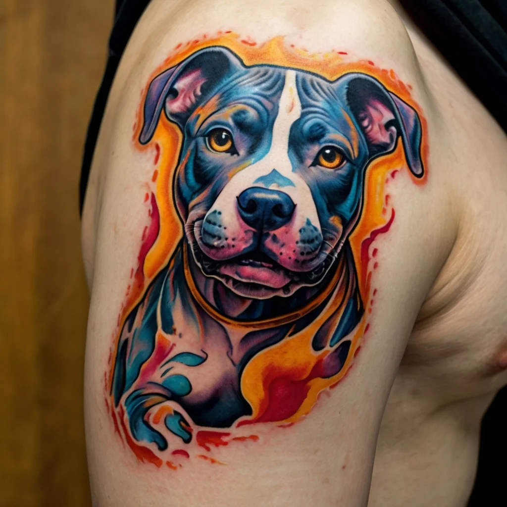 Vibrant tattoo of a Pit Bull with a blue and orange color scheme, fiery background, on upper arm.