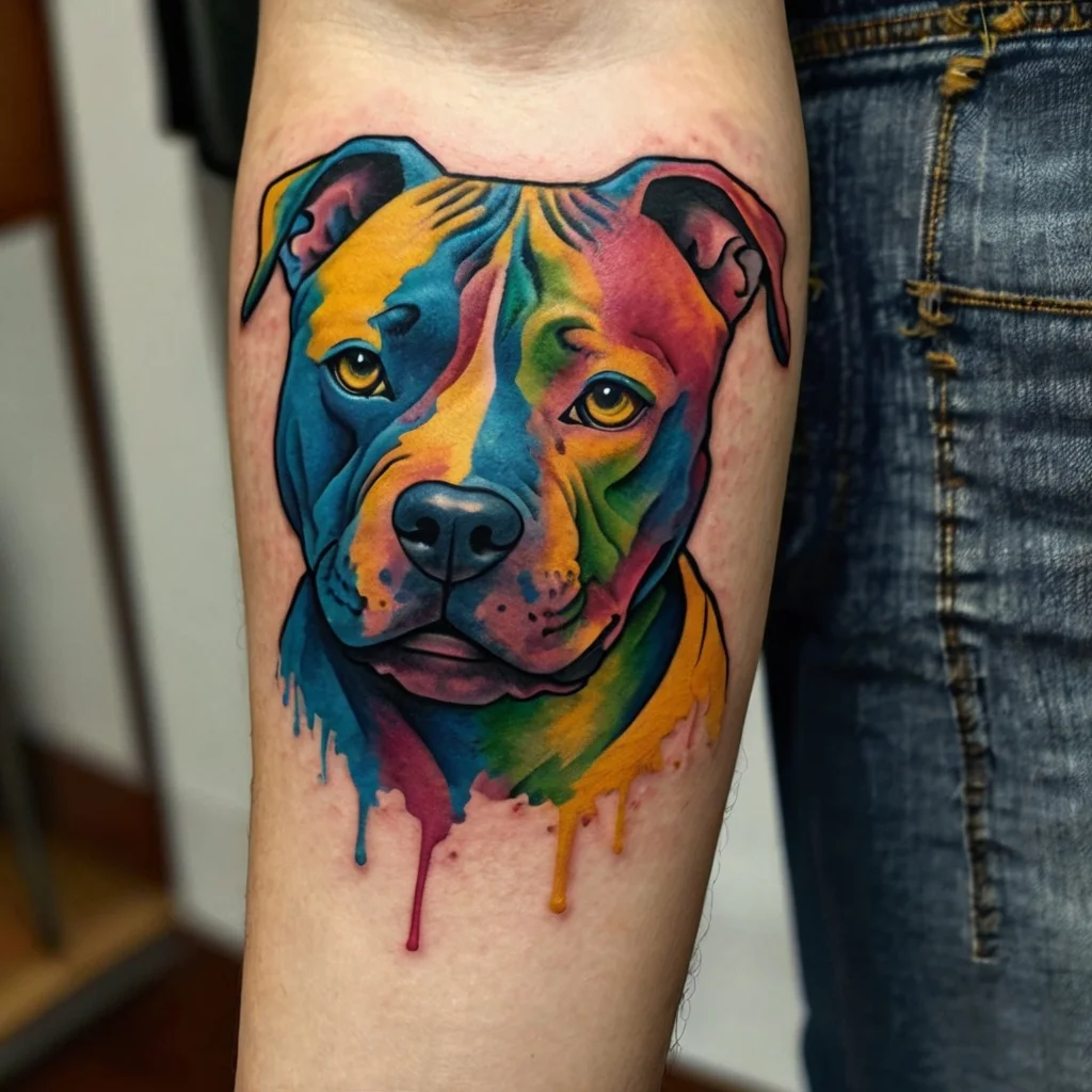 Vibrant watercolor tattoo of a dog's face with a rainbow palette, featuring fluid lines and paint-like drips.