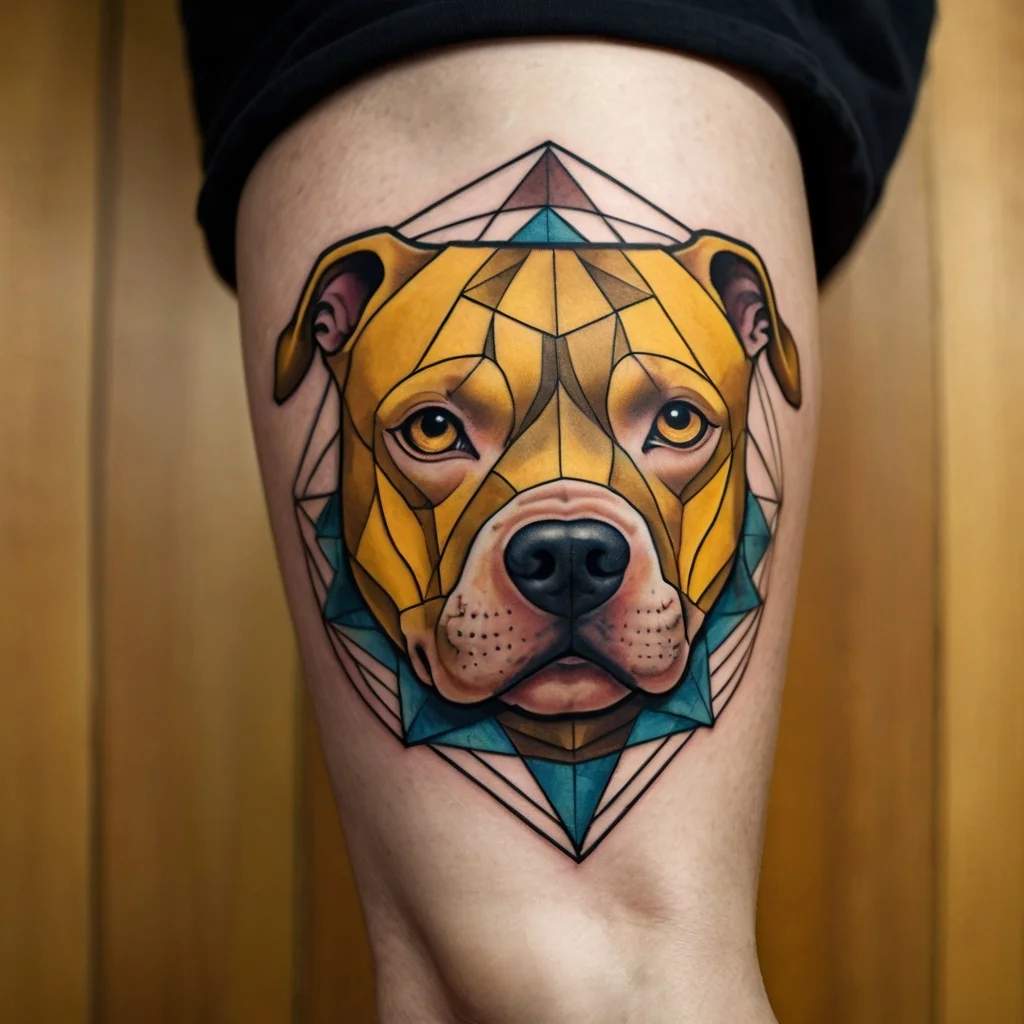 Geometric dog tattoo in vibrant colors with polygon shapes, creating a modern and artistic design on the skin.