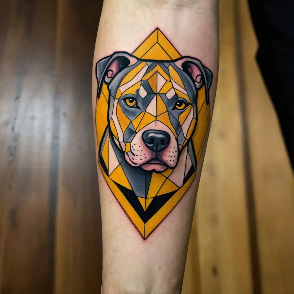 Geometric pit bull tattoo in bold black, orange, and gray shapes on the forearm, creating a striking, modern design.