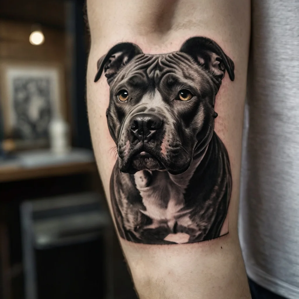 Realistic black and gray tattoo of a dog on the upper arm, showcasing detailed fur and expressive eyes.