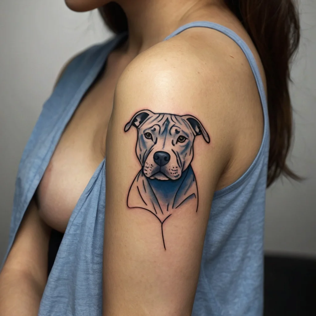 Tattoo of a pit bull in minimal line art with shades of blue on the upper arm, capturing a realistic and loyal expression.