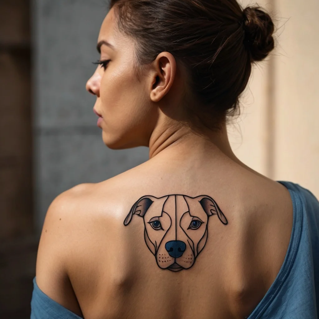 Tattoo features a geometric dog face on the upper back, with bold lines and shading for a modern and artistic look.