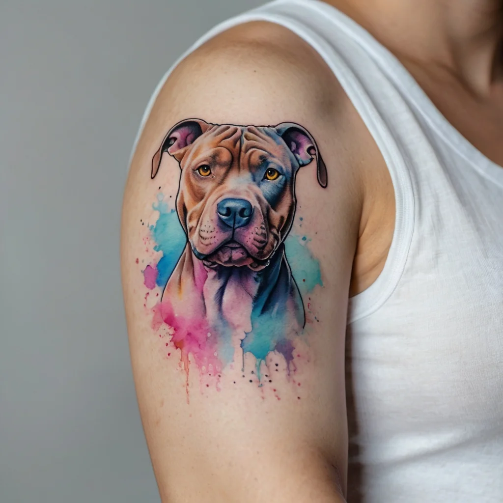 Realistic dog portrait tattoo with vibrant watercolor splashes in pink and blue, showcasing intricate shading and expression.