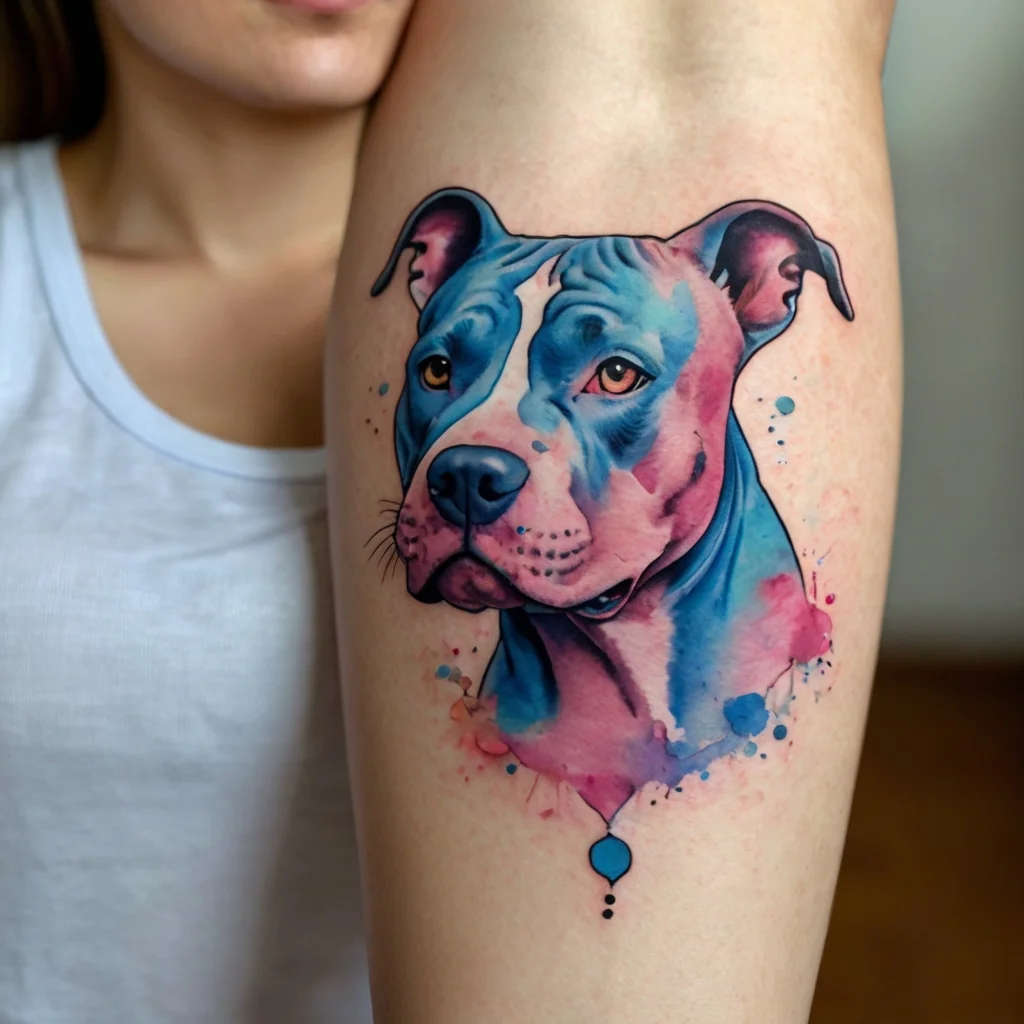 Watercolor-style tattoo of a pit bull, with vibrant blue and pink hues, creating a lively and artistic effect.