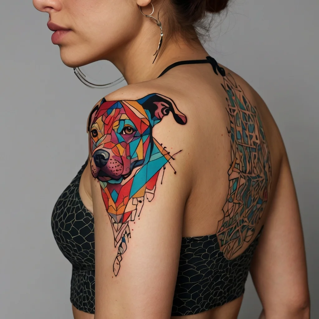 Colorful geometric dog tattoo on shoulder with sharp angles and vibrant hues in a stained-glass style.