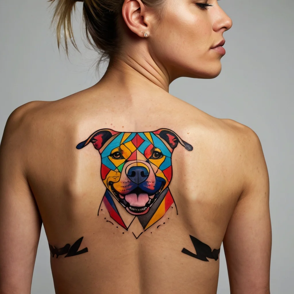 Colorful geometric tattoo of a dog's face on upper back, featuring vibrant patterns and shapes forming the dog's features.