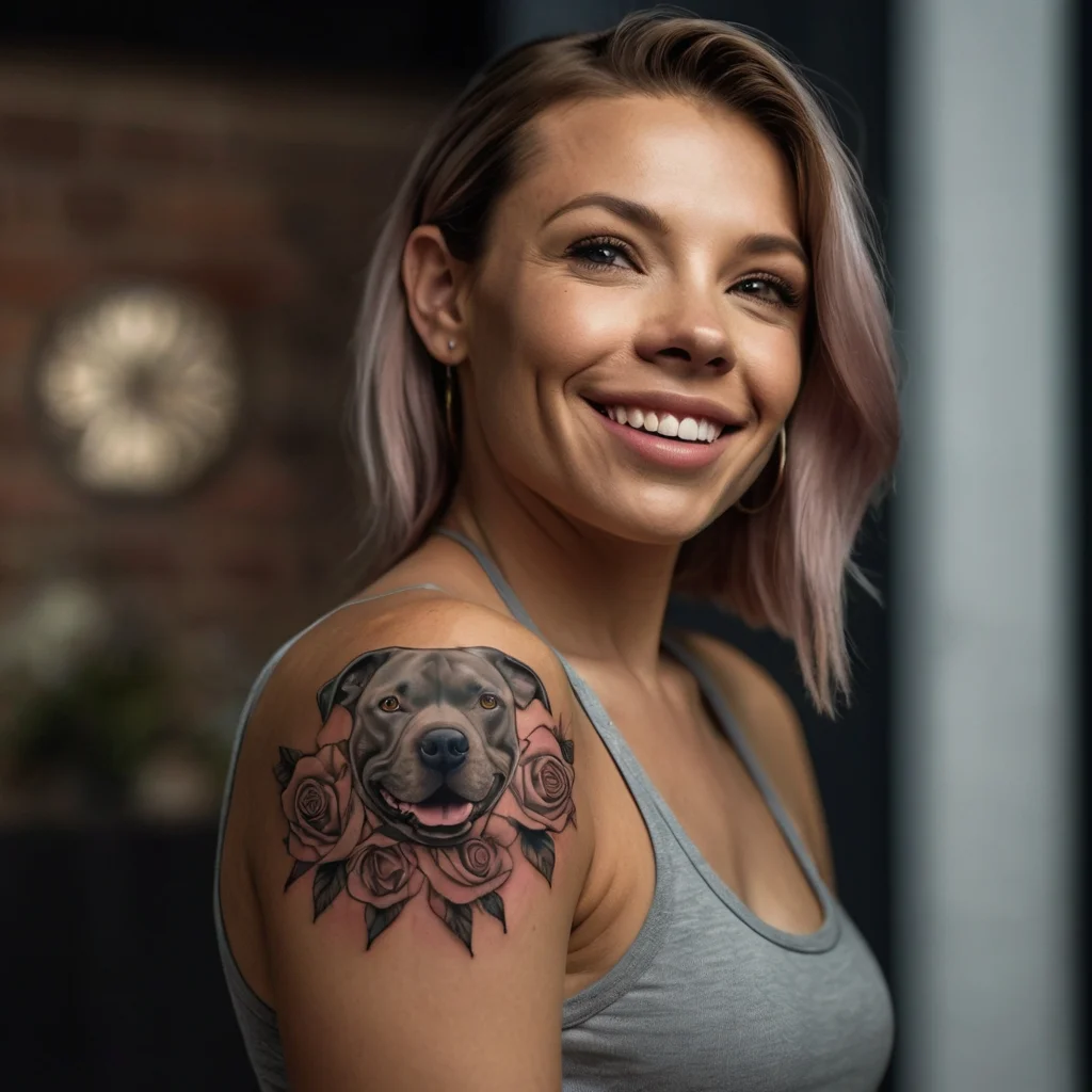 Realistic dog portrait surrounded by ornate roses on the shoulder, blending soft shading with intricate petal details.