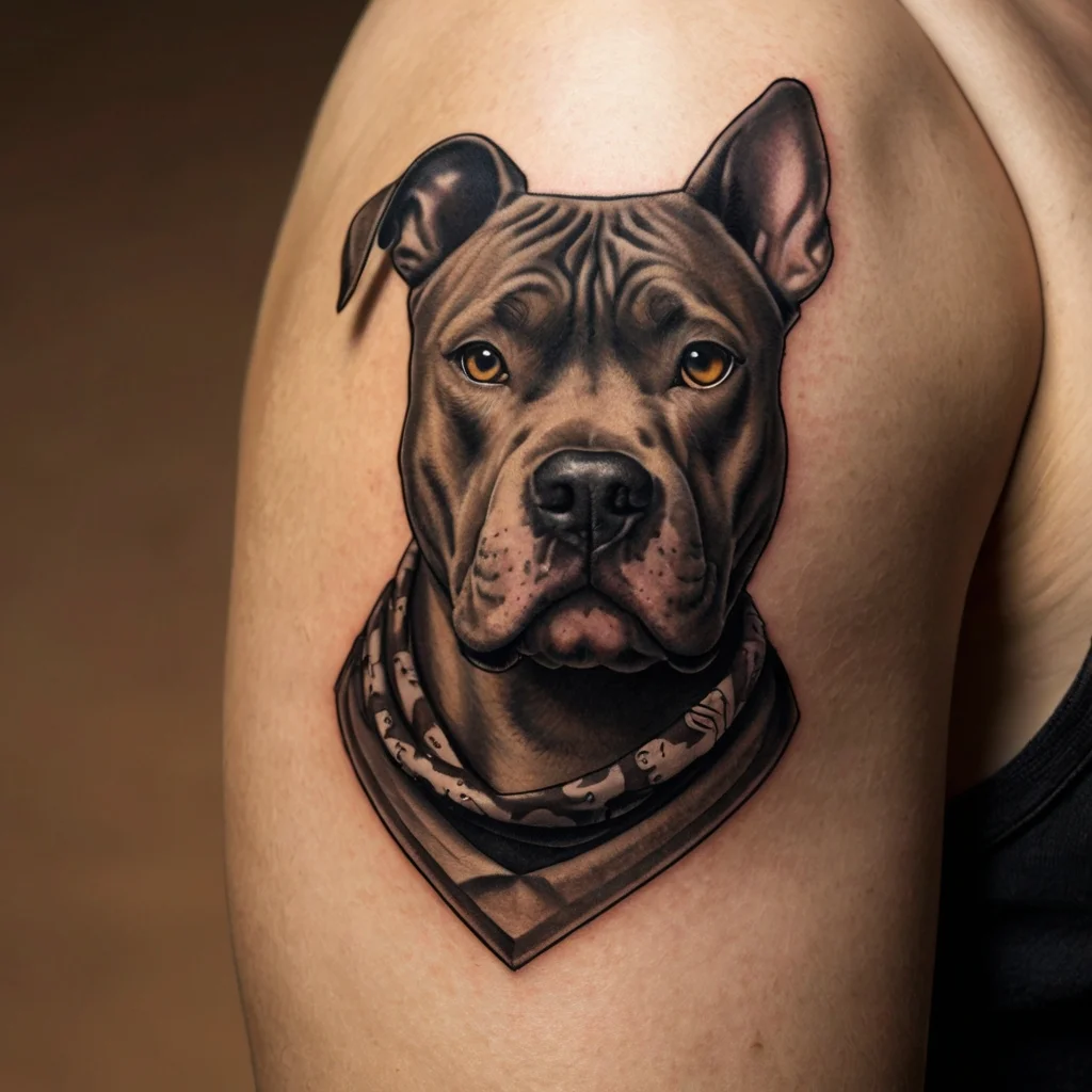 Realistic pit bull tattoo on arm, featuring intricate shading and detail, with a bandana around the neck.