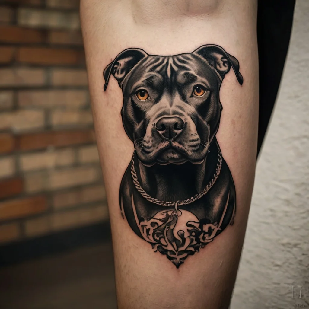 Realistic tattoo of a black dog with intricate detail and shading, featuring a chain collar and ornate design below.