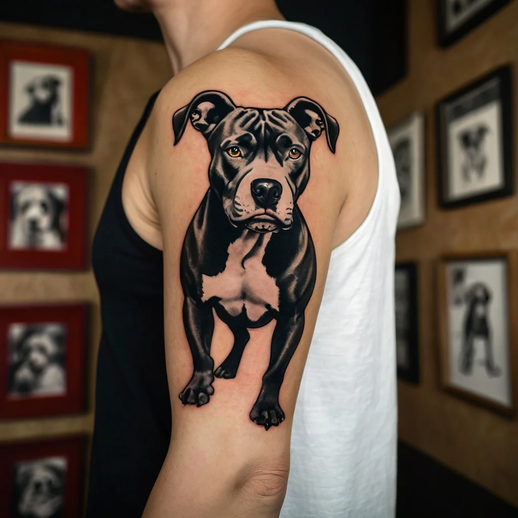 Realistic black and gray tattoo of a dog on the upper arm, showcasing detailed shading and lifelike features.