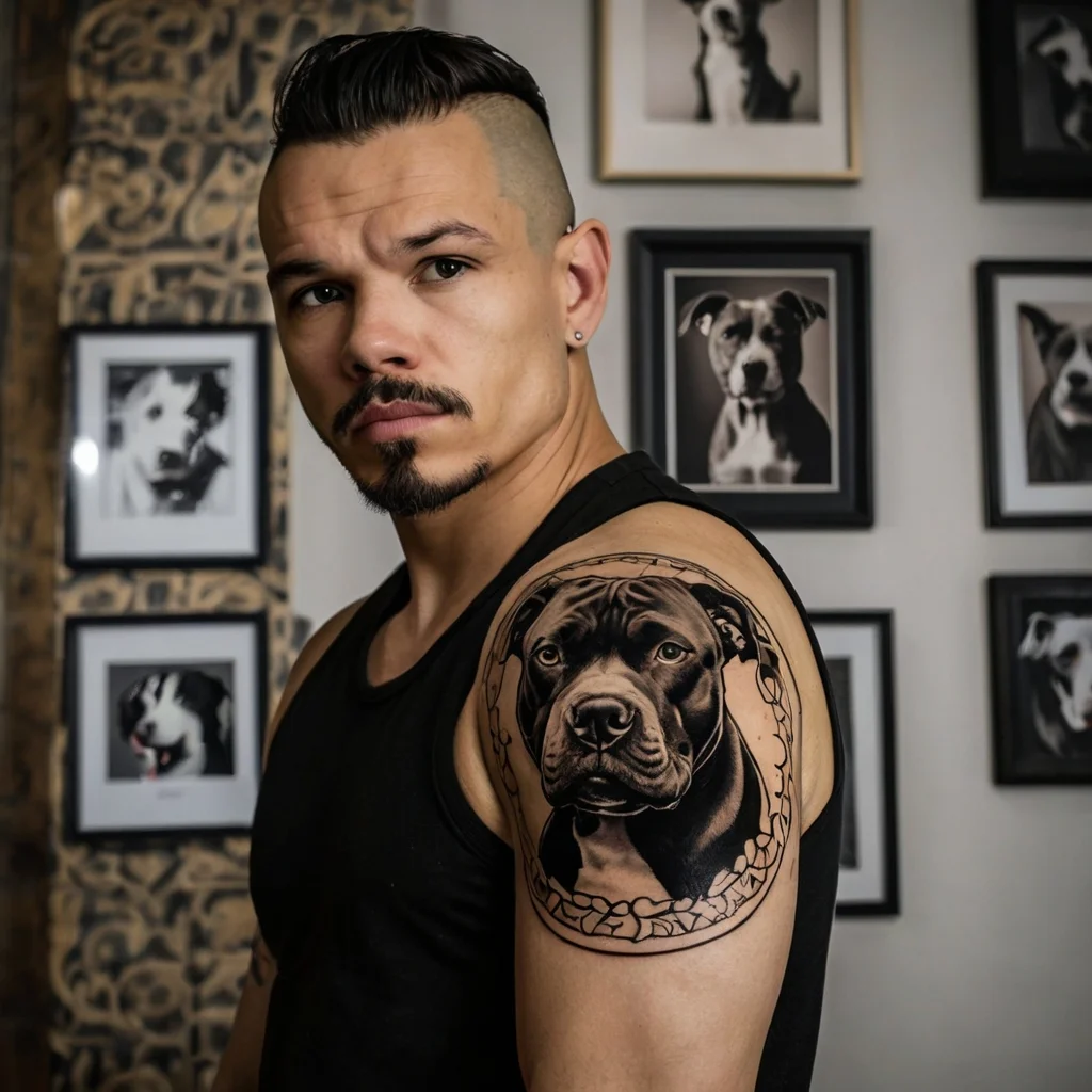 Realistic tattoo of a pit bull head on upper arm, surrounded by a chain design, showcasing intricate shading and detail.