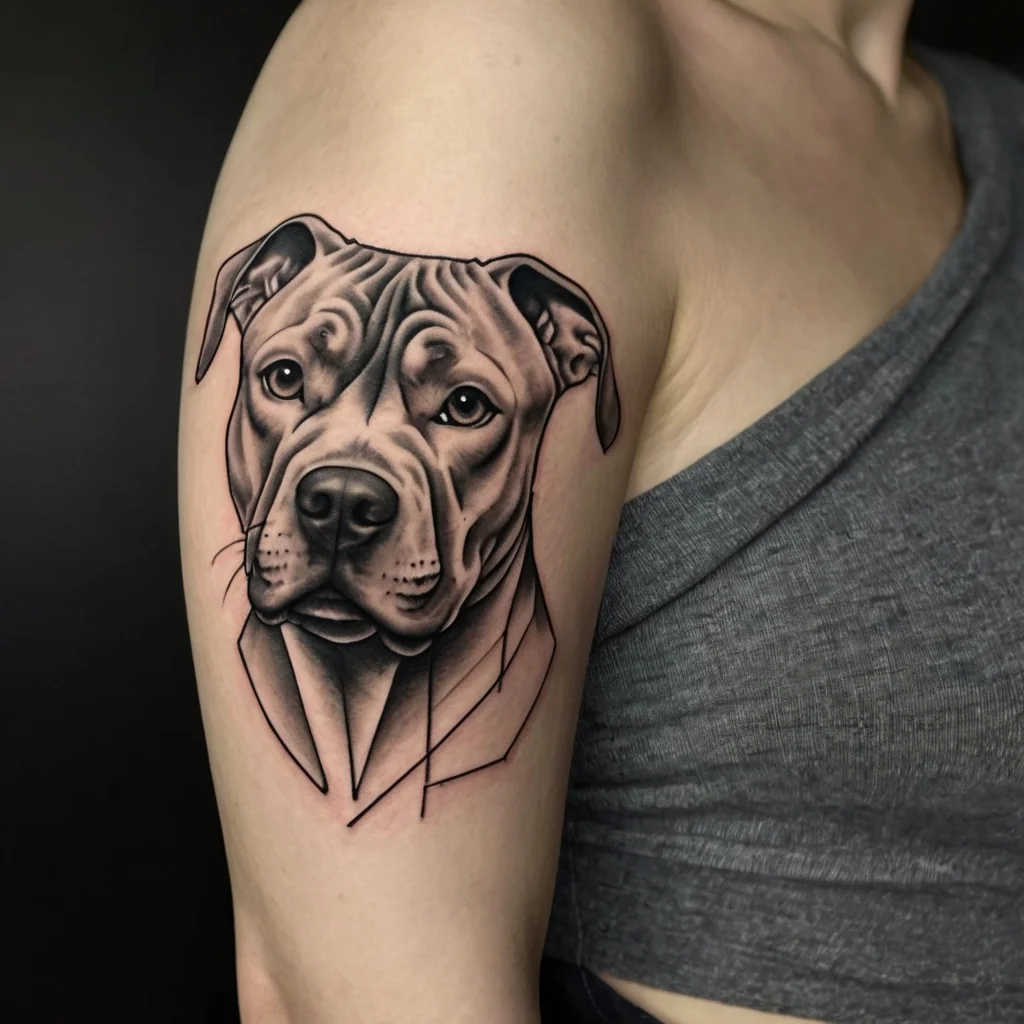 Realistic pit bull portrait tattoo on arm with geometric lines, showcasing detailed shading and lifelike expression.