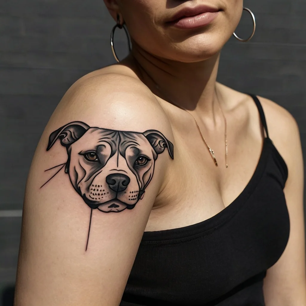 Tattoo of a realistic pit bull dog head on an upper arm, featuring bold outlines and shading for depth.