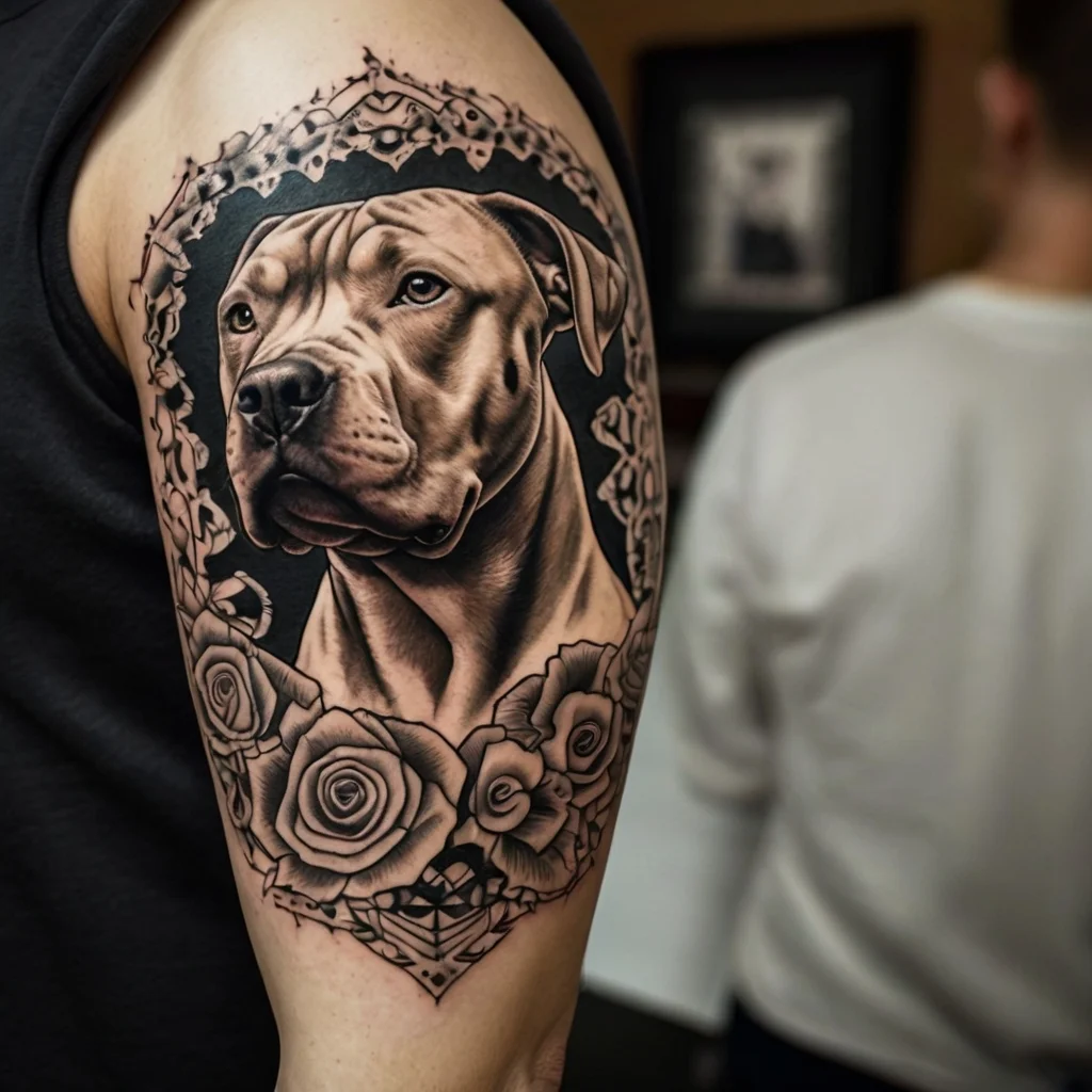 Realistic pit bull tattoo with intricate shading, surrounded by roses and a lace-like border on the upper arm.