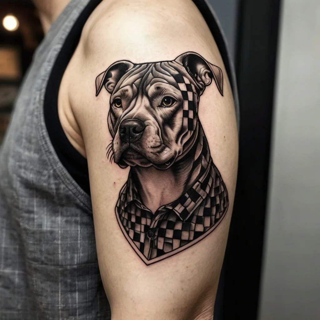 Detailed black and gray tattoo of a dog in a checkered shirt, showcasing realistic shading and texture on upper arm.