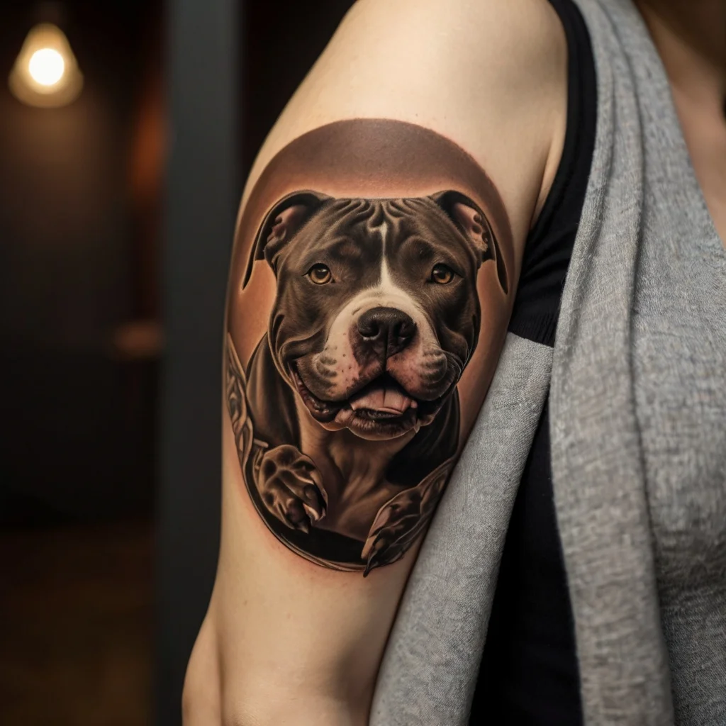 Realistic tattoo of a pit bull with detailed shading and a soft background on the upper arm, capturing loyalty and strength.