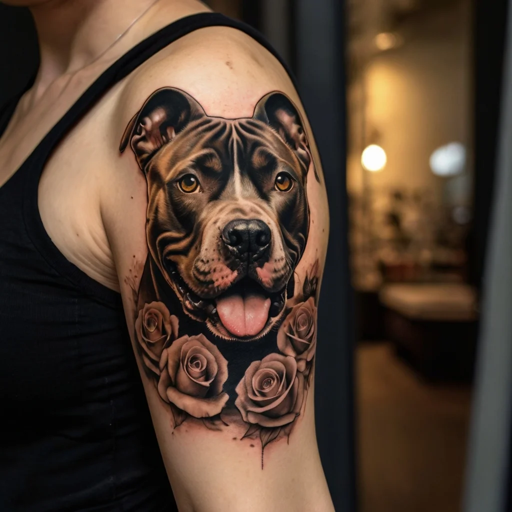 Realistic Pitbull tattoo in color, adorned with detailed roses, on a person's upper arm, showcasing lifelike texture.