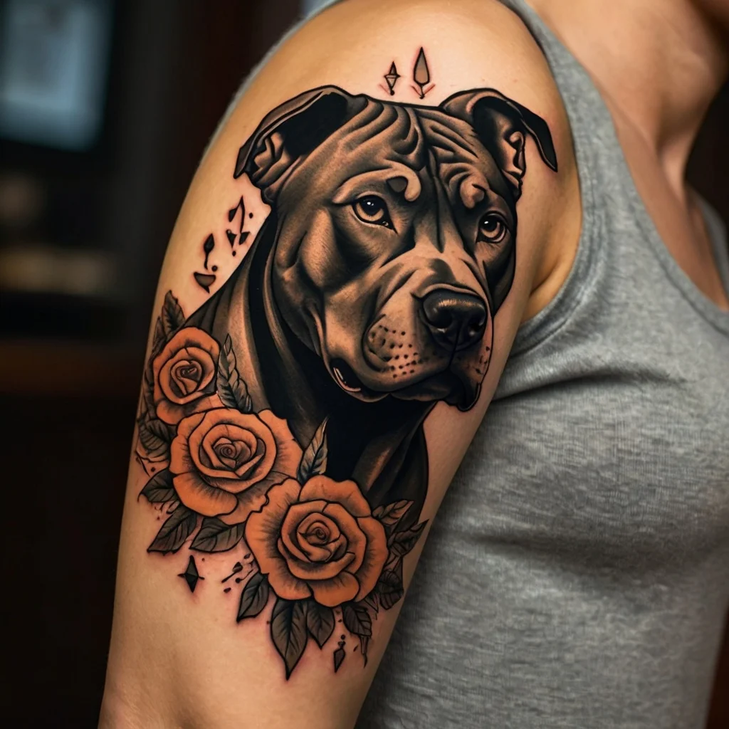 A realistic dog portrait tattoo with vibrant orange roses, detailed shading, and geometric accents on the shoulder.