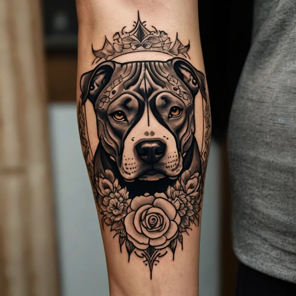 Tattoo of a detailed pit bull with ornamental elements, framed by roses, creating a balanced and elegant design.