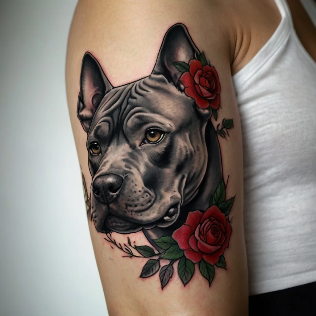 Realistic pit bull portrait tattoo with vibrant red roses and green leaves, highlighting loyalty and strength.