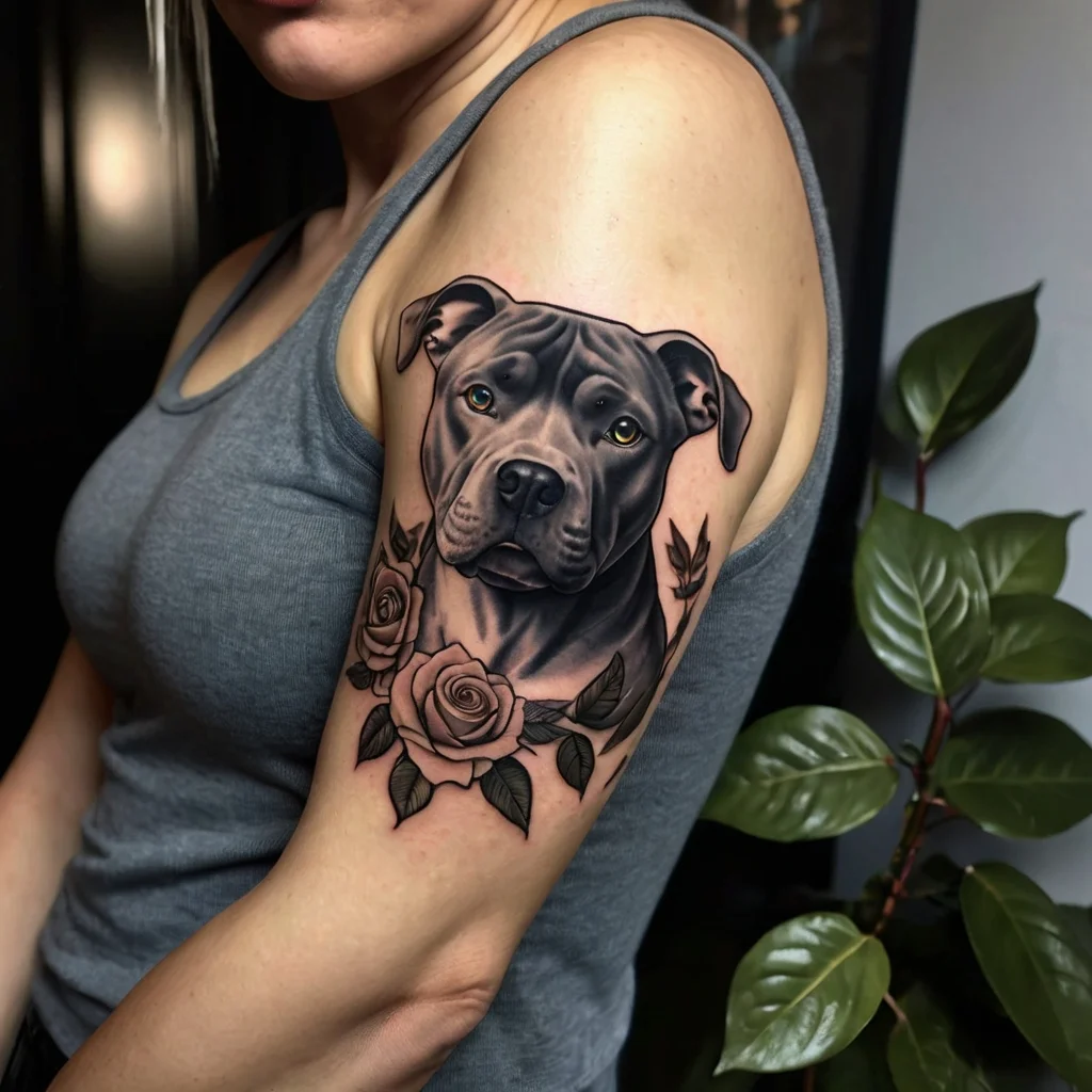 Realistic pit bull tattoo with roses on the upper arm, featuring lifelike shading and detailed petal designs.