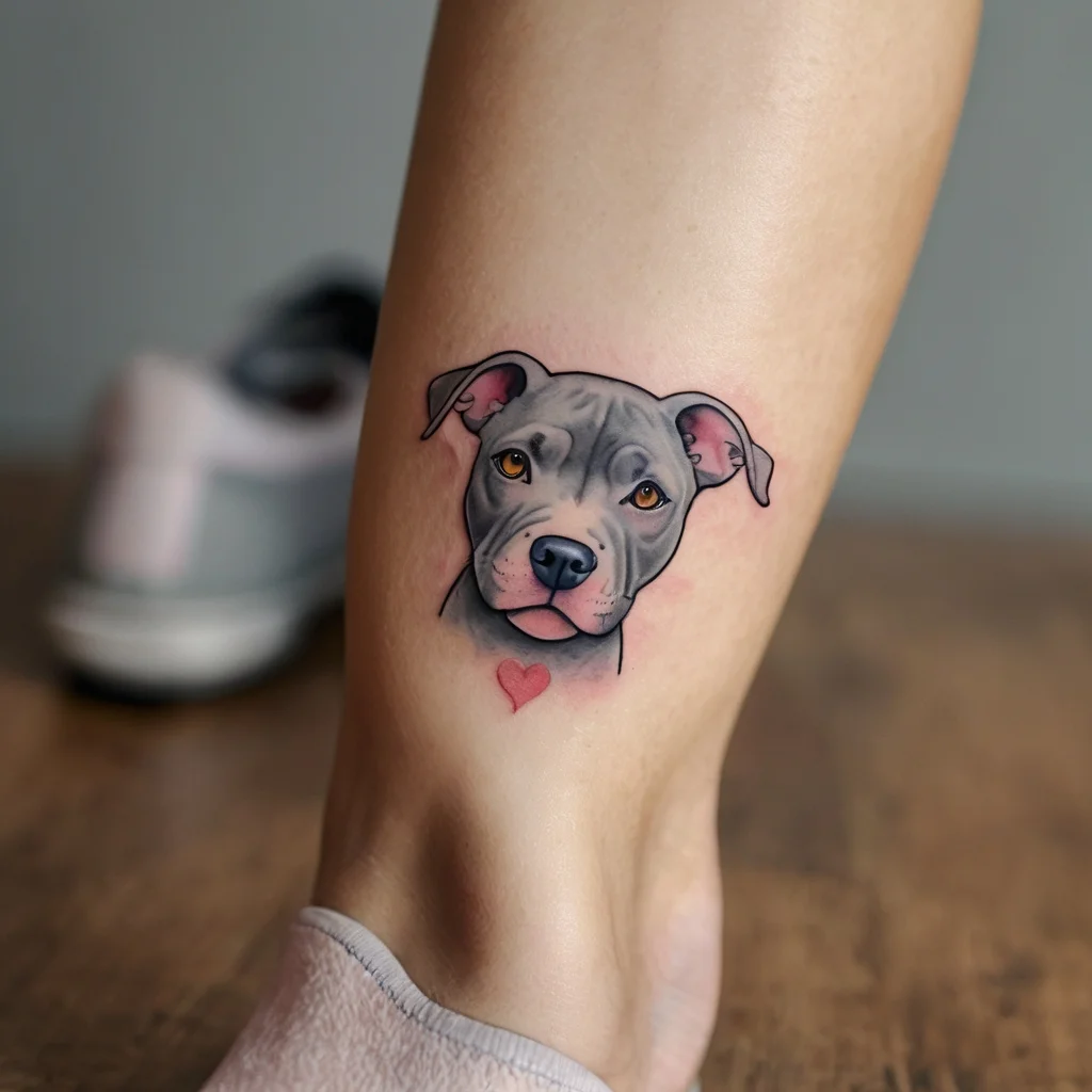 Realistic dog portrait tattoo on calf with a small pink heart below.