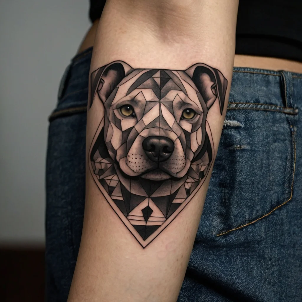 Geometric dog tattoo on arm, featuring intricate angular patterns and soft shading, creating a lifelike and modern design.