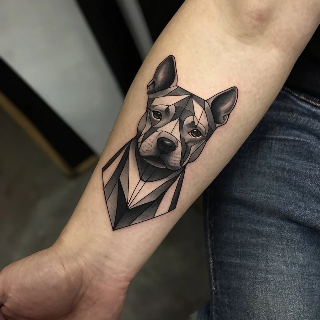 Geometric dog tattoo on forearm, featuring black and gray linear shading and polygon shapes for a modern artistic look.