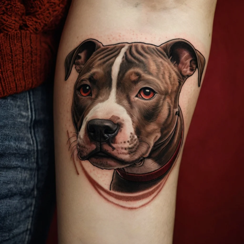 Realistic tattoo of a brown and white dog's face with vivid detailing and lifelike eyes on the person's arm.