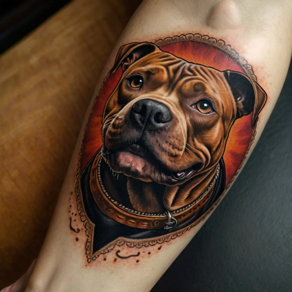 Realistic dog portrait tattoo with intense details and a red-orange background, framed with decorative elements.