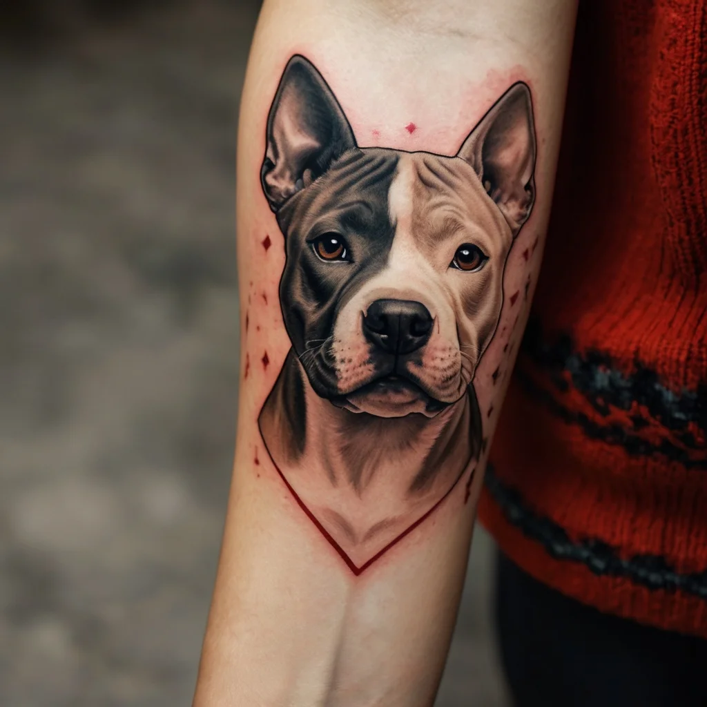 Realistic dog portrait tattoo on arm, featuring a split-color face design with subtle red geometric accents.