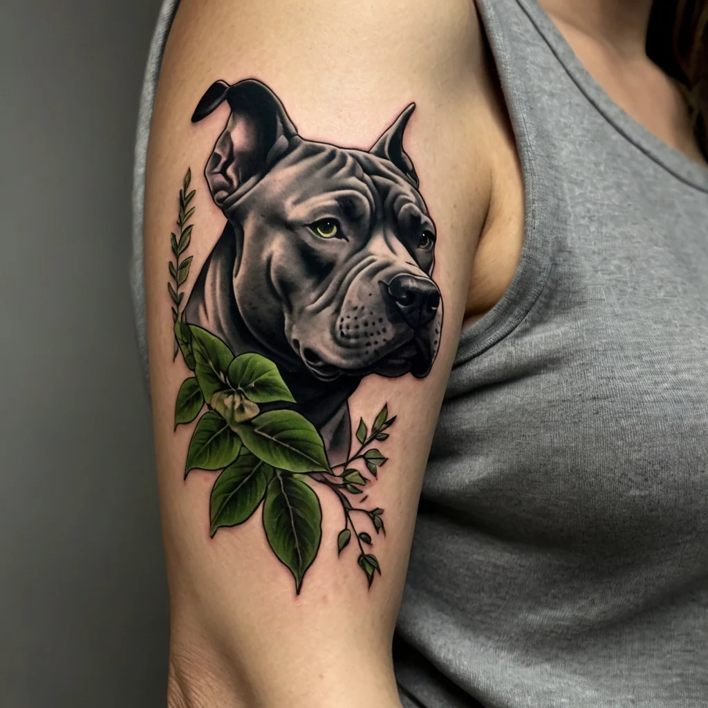 Tattoo of a realistic dog head with vivid green leaves, blending nature and animal elements on the upper arm.