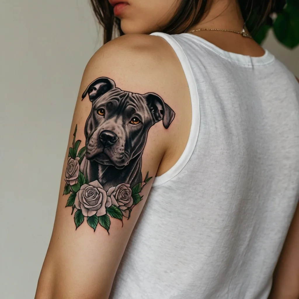 Tattoo of a realistic black dog portrait surrounded by detailed grey roses and green leaves on the upper arm.