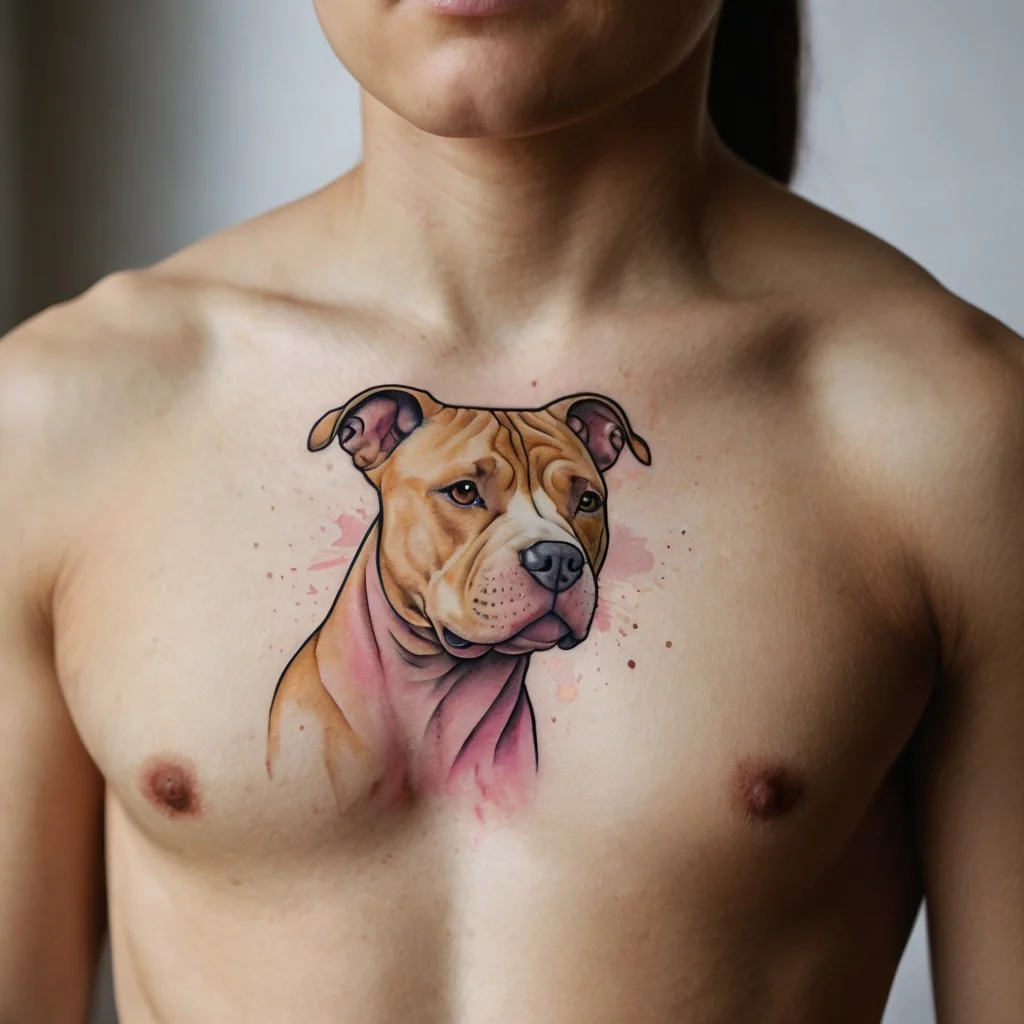 Chest tattoo of a realistic pit bull in warm tones, accented by pink watercolor splashes, conveying strength and loyalty.