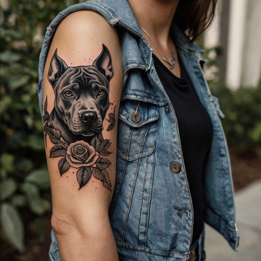 Realistic dog portrait tattoo with a rose below, in grayscale, on the upper arm. The design is detailed and striking.