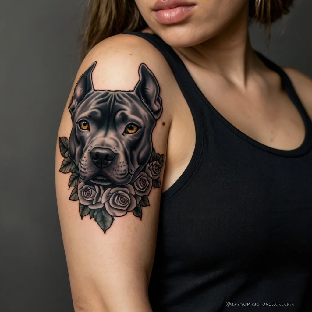 Tattoo of a lifelike dog's head with piercing eyes, surrounded by detailed roses on the upper arm.