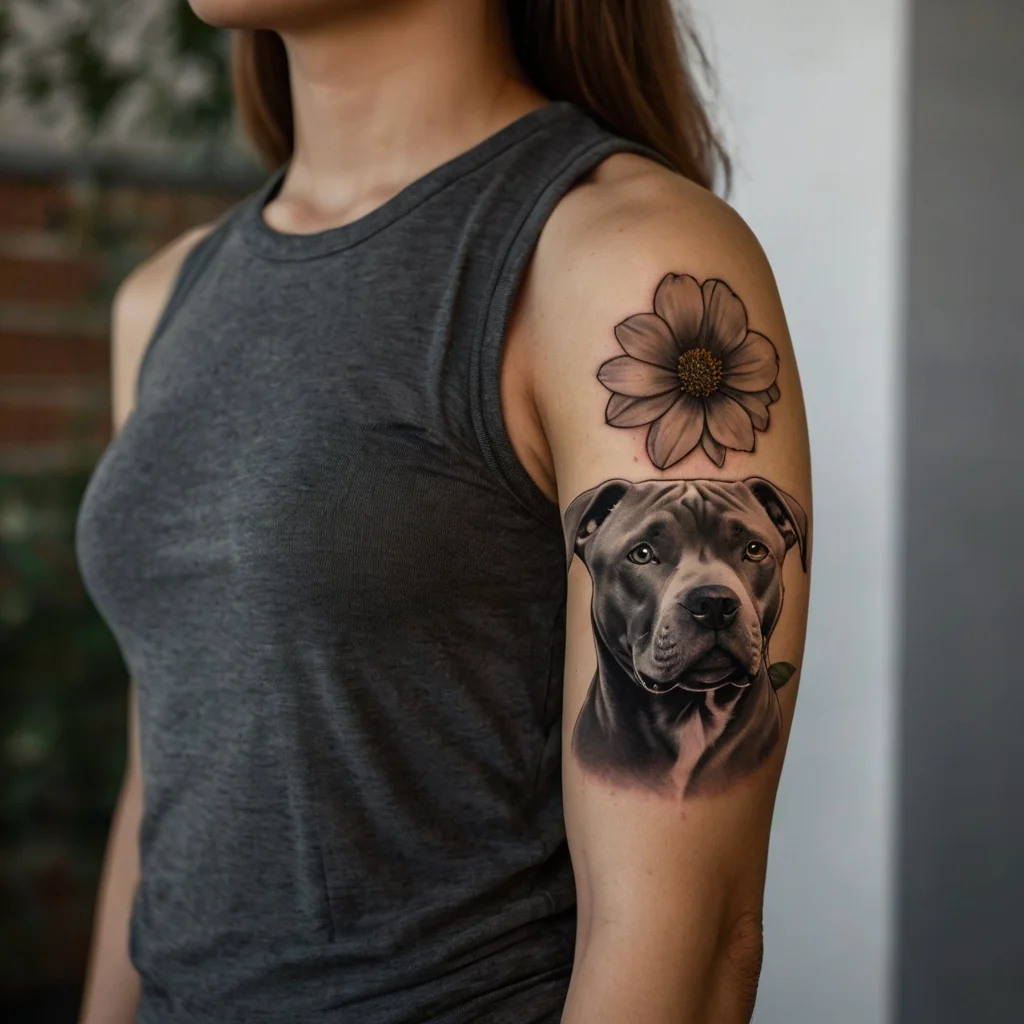 A realistic black and gray tattoo featuring a detailed dog portrait under a large, vibrant flower on the upper arm.