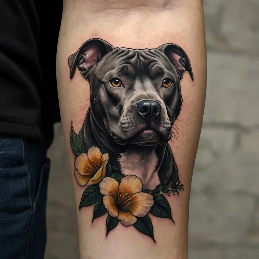 Realistic pit bull tattoo with vibrant orange flowers and green leaves, showcasing lifelike details and vivid colors.